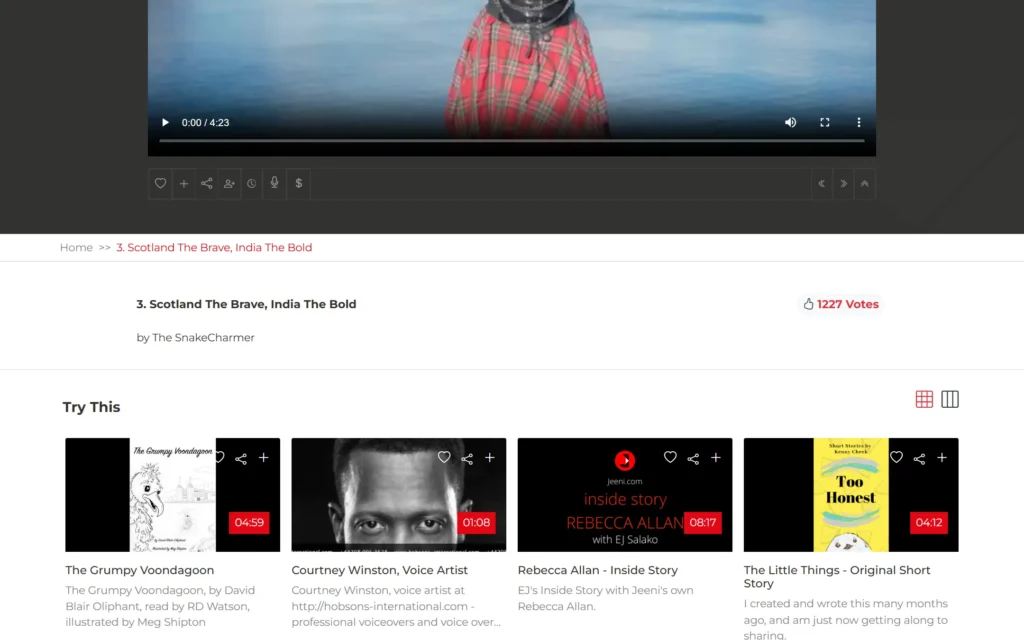 JEENI track page showing fan votes for the artist and a Try This grid of related videos