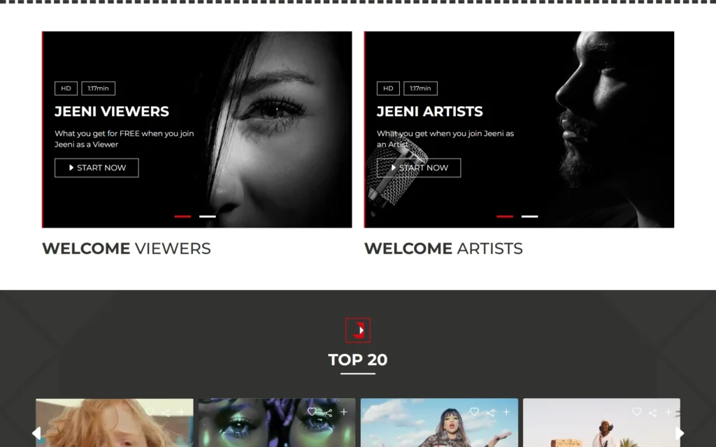 JEENI homepage Welcome Viewers and Welcome Artists video cards
