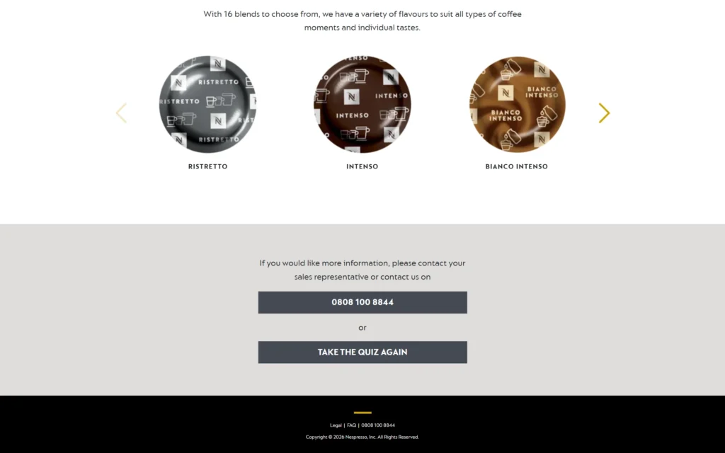 Flavour Quiz contact section with the sales phone number and Take the quiz again button