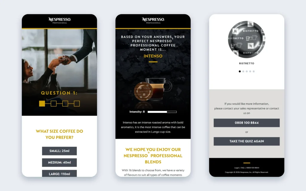 Nespresso Flavour Quiz on mobile: question, result and contact section