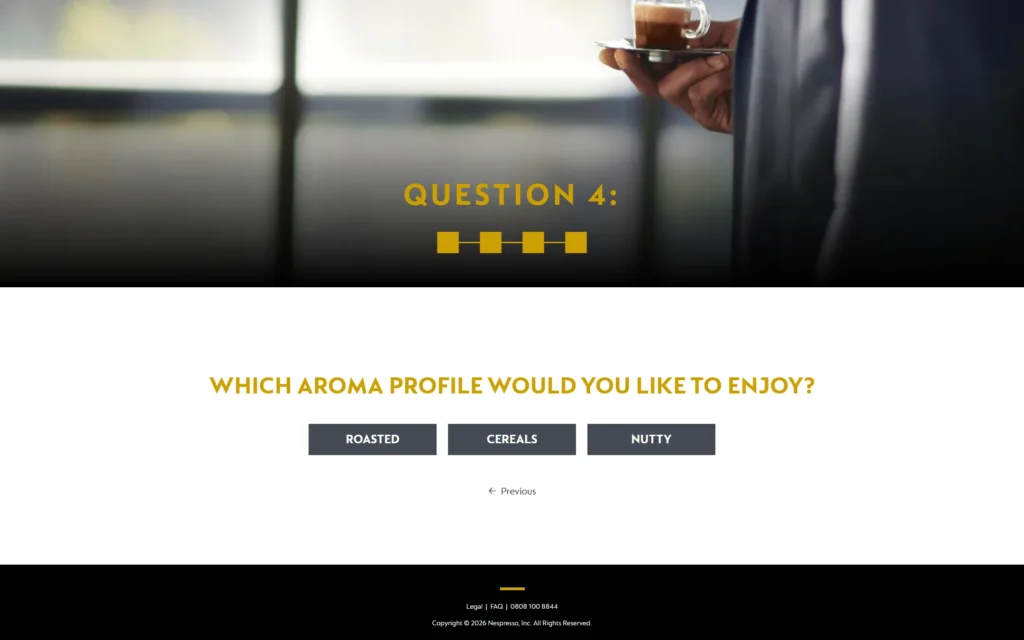 Flavour Quiz aroma profile question with roasted, cereals and nutty options