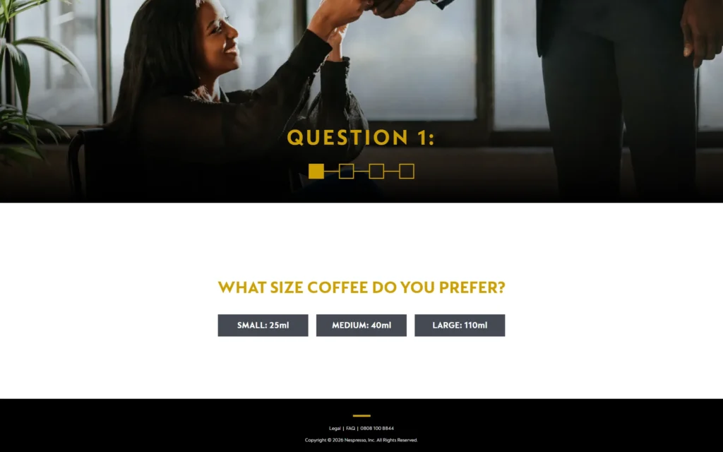 Flavour Quiz question one asking which cup size the visitor prefers