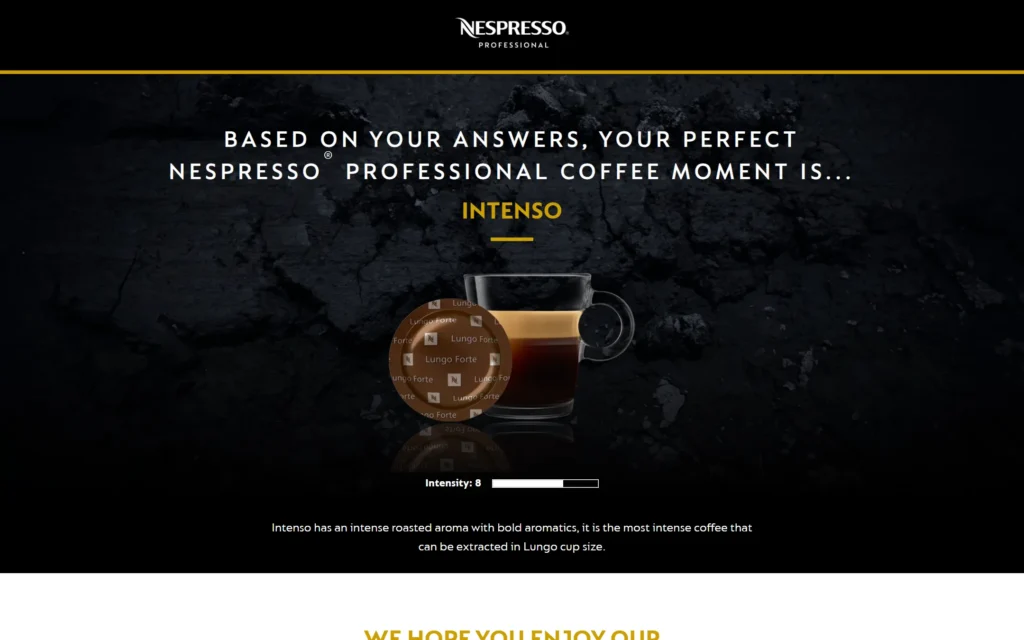 Nespresso Professional Flavour Quiz result showing Intenso with its intensity bar and description