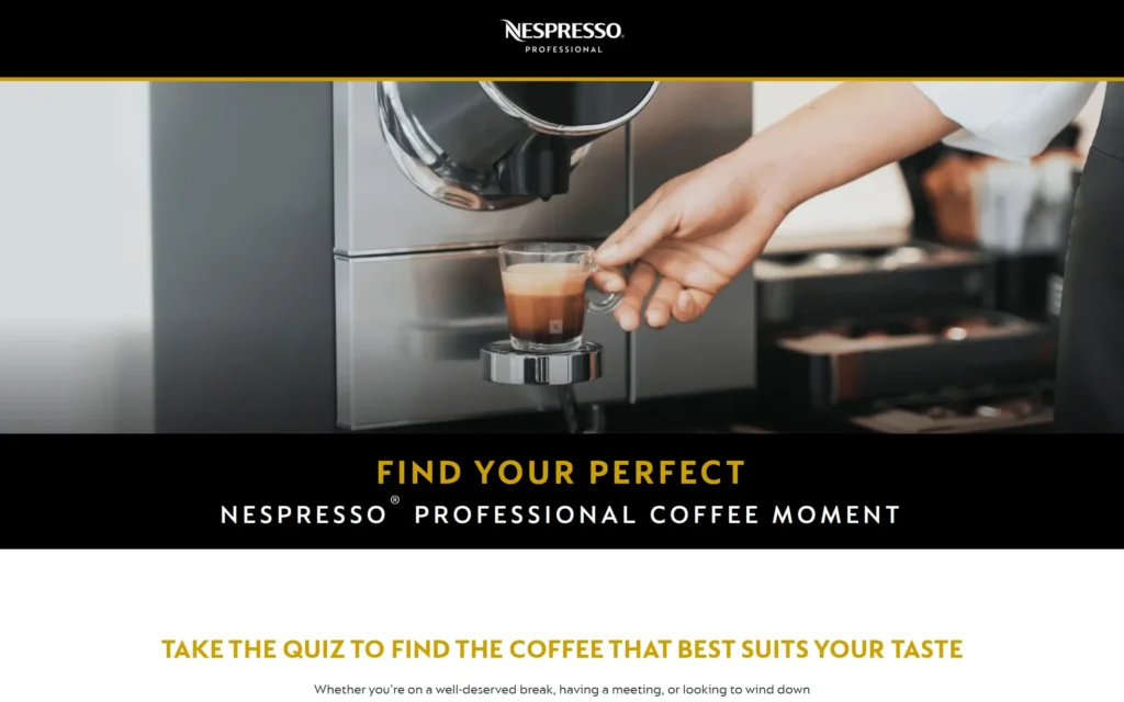 Nespresso Professional Flavour Quiz start screen with coffee machine hero
