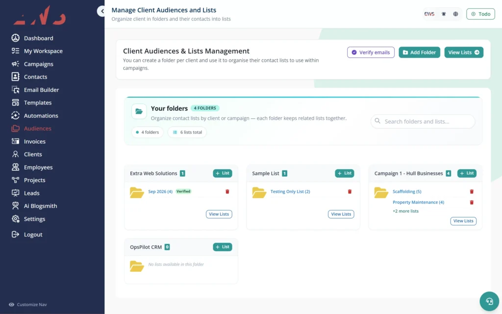 Ops Pilot CRM client audiences organised into folders and contact lists