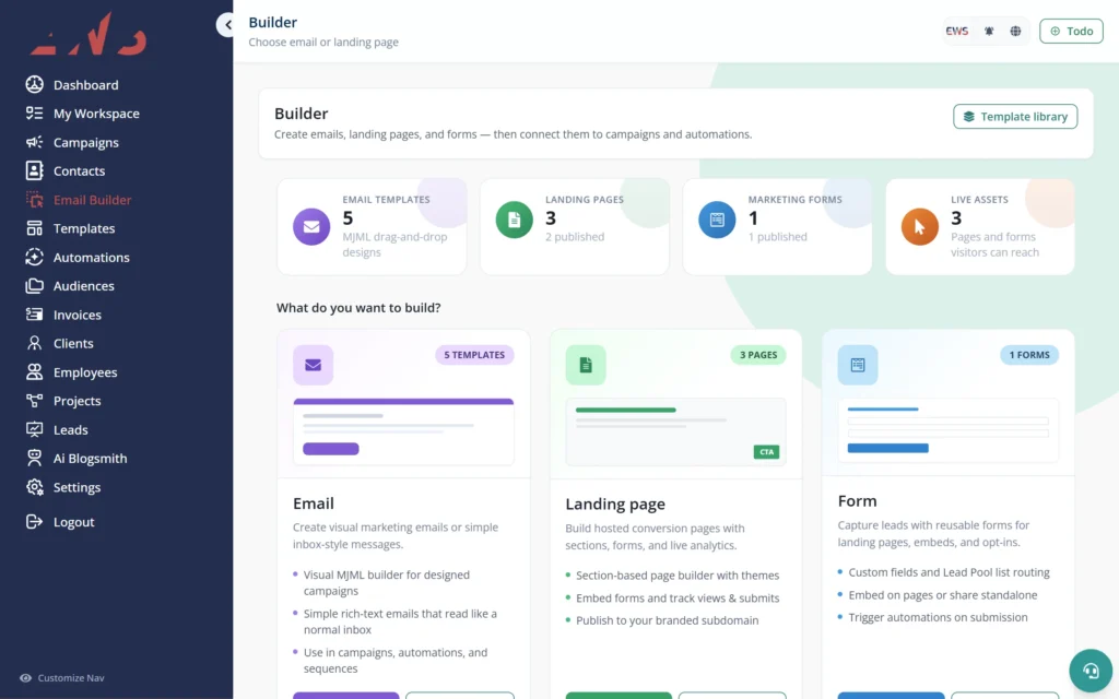 Ops Pilot CRM builder for emails, landing pages and lead forms