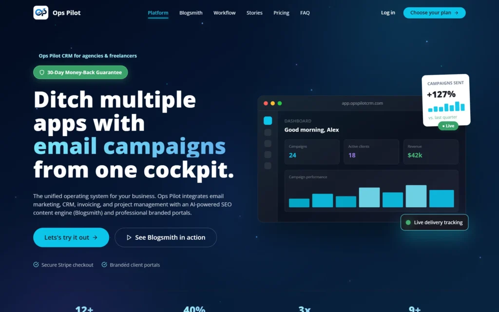 Ops Pilot CRM homepage: ditch multiple apps with email campaigns from one cockpit