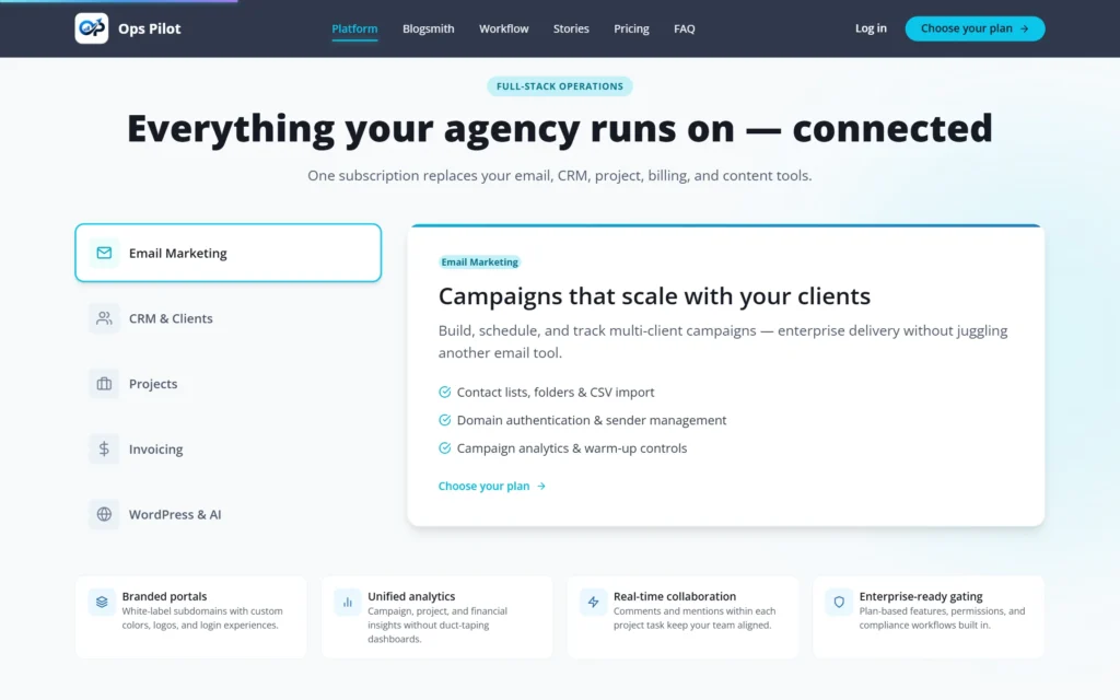 Ops Pilot CRM features: email marketing, CRM, projects, invoicing and WordPress AI