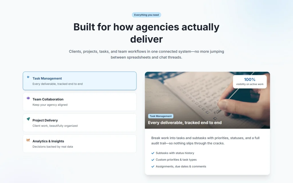 PowerFlow features section: built for how agencies actually deliver
