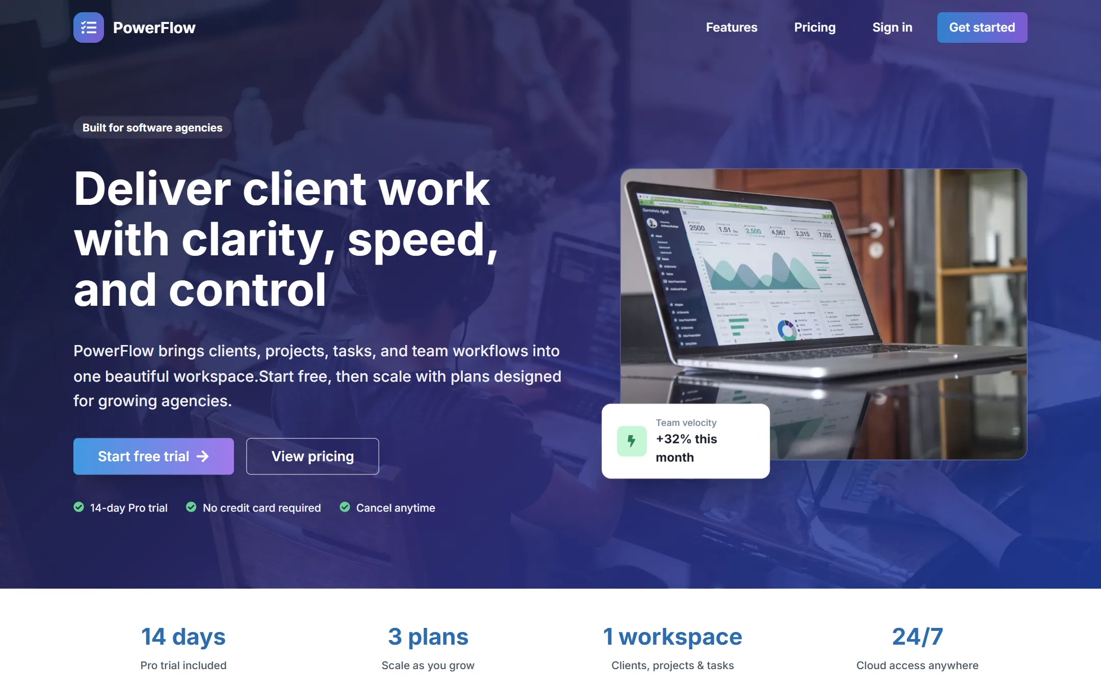 PowerFlow landing page: Deliver client work with clarity, speed, and control
