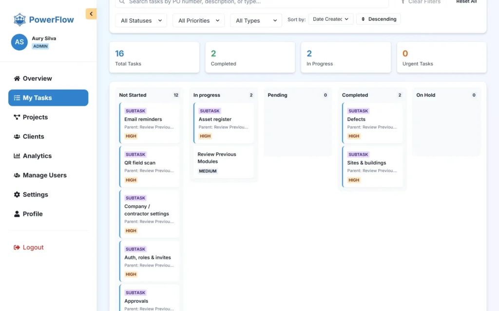 PowerFlow Kanban board with tasks grouped by status