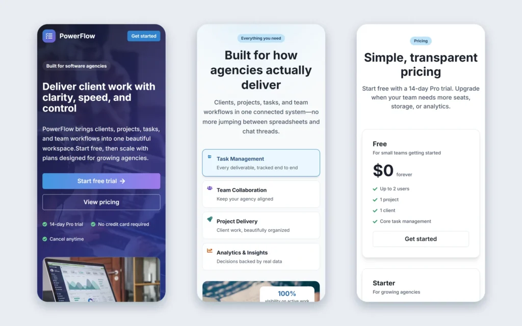PowerFlow responsive marketing site on mobile: hero, features and pricing