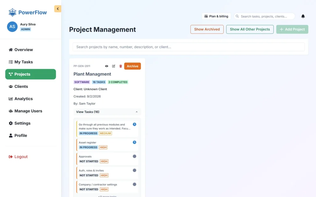 PowerFlow project management card with its linked tasks expanded
