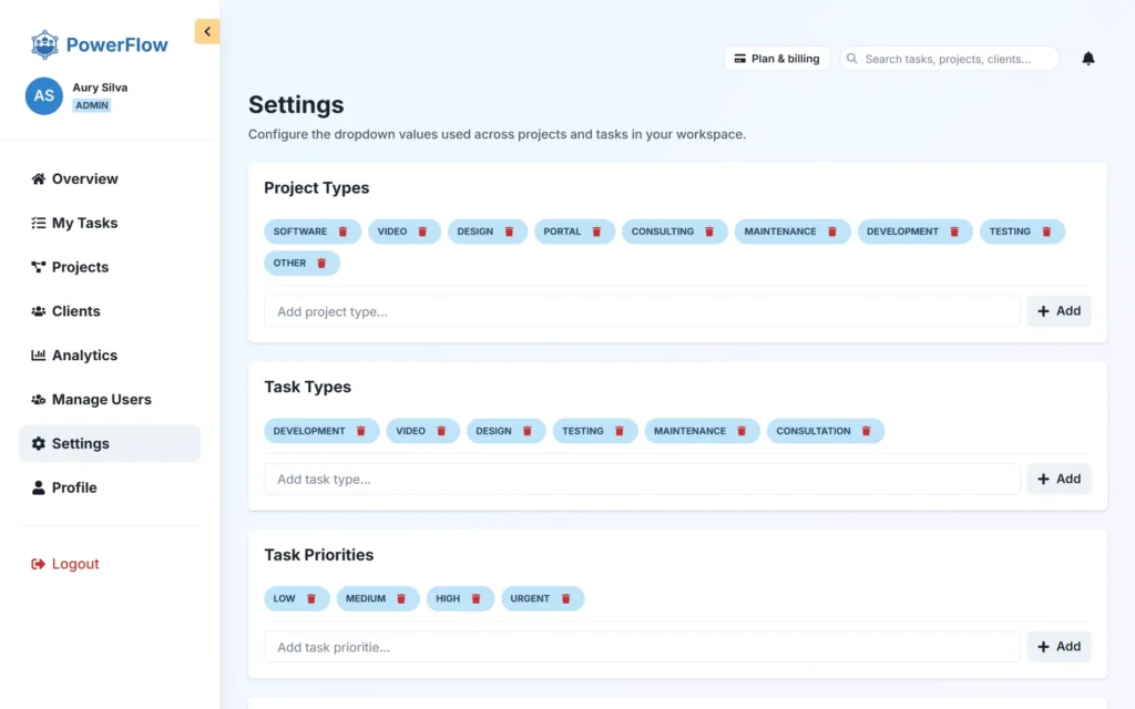 PowerFlow settings for custom project types, task types and priorities