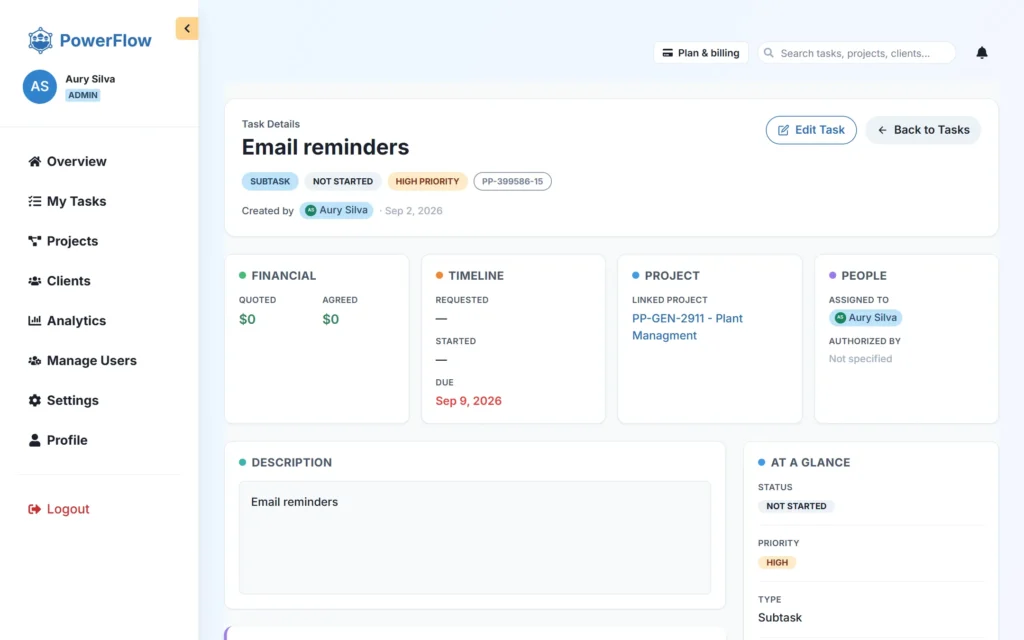 PowerFlow task details page with financials, timeline, project and people