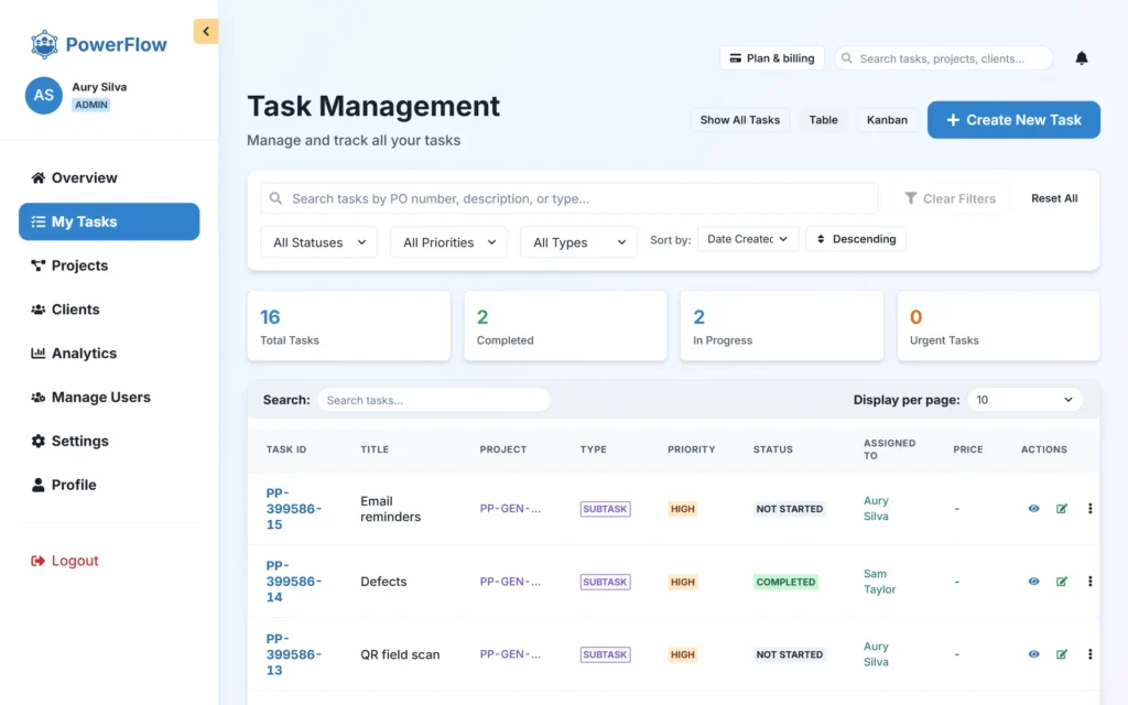 PowerFlow task management table with status, priority and type filters