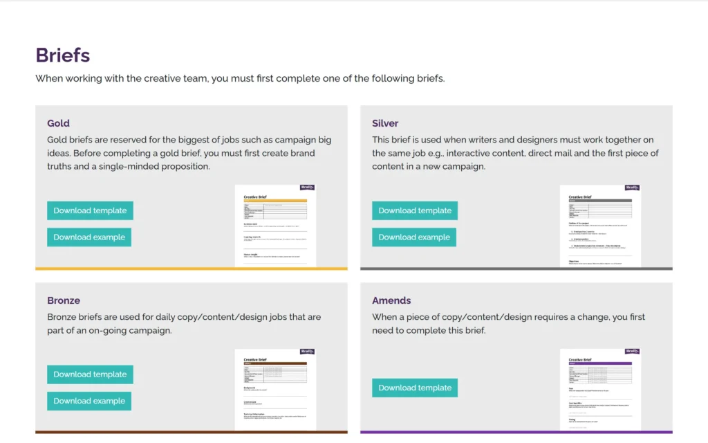 Reallyb2b Hub briefs section with gold, silver, bronze and amends brief templates to download