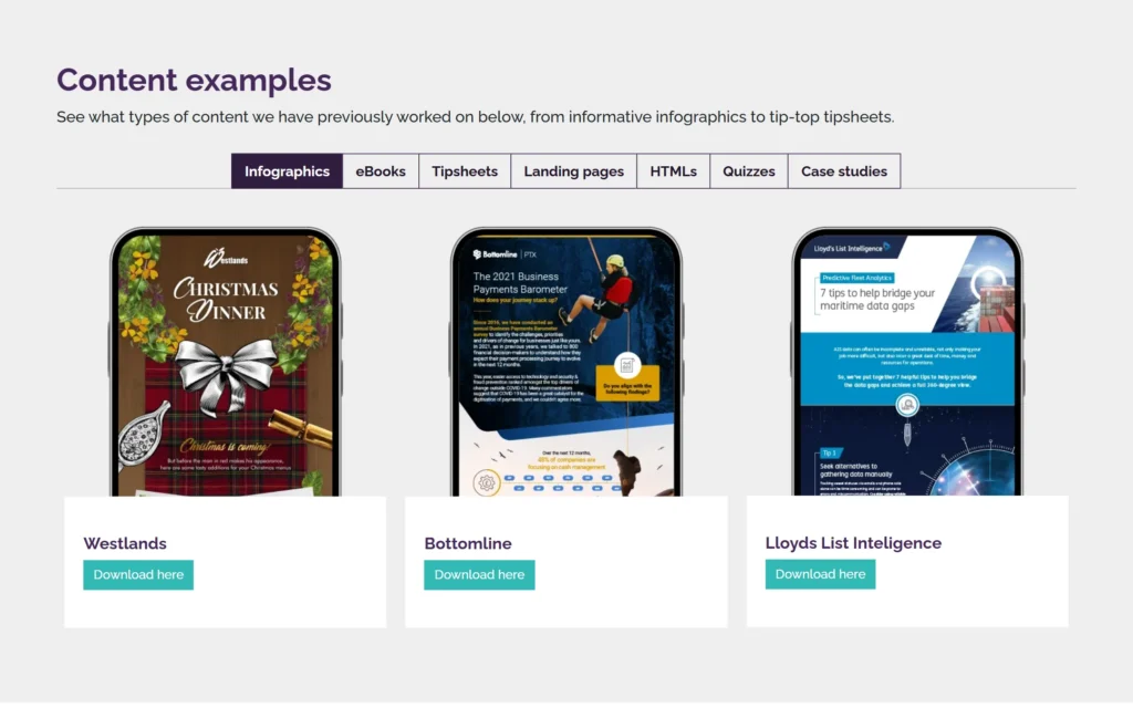 Reallyb2b Hub content examples with tabs for infographics, eBooks, tipsheets and more