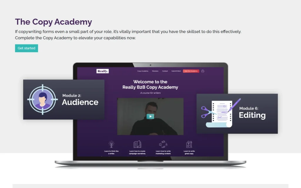 Reallyb2b Hub Copy Academy section promoting the agency copywriting course