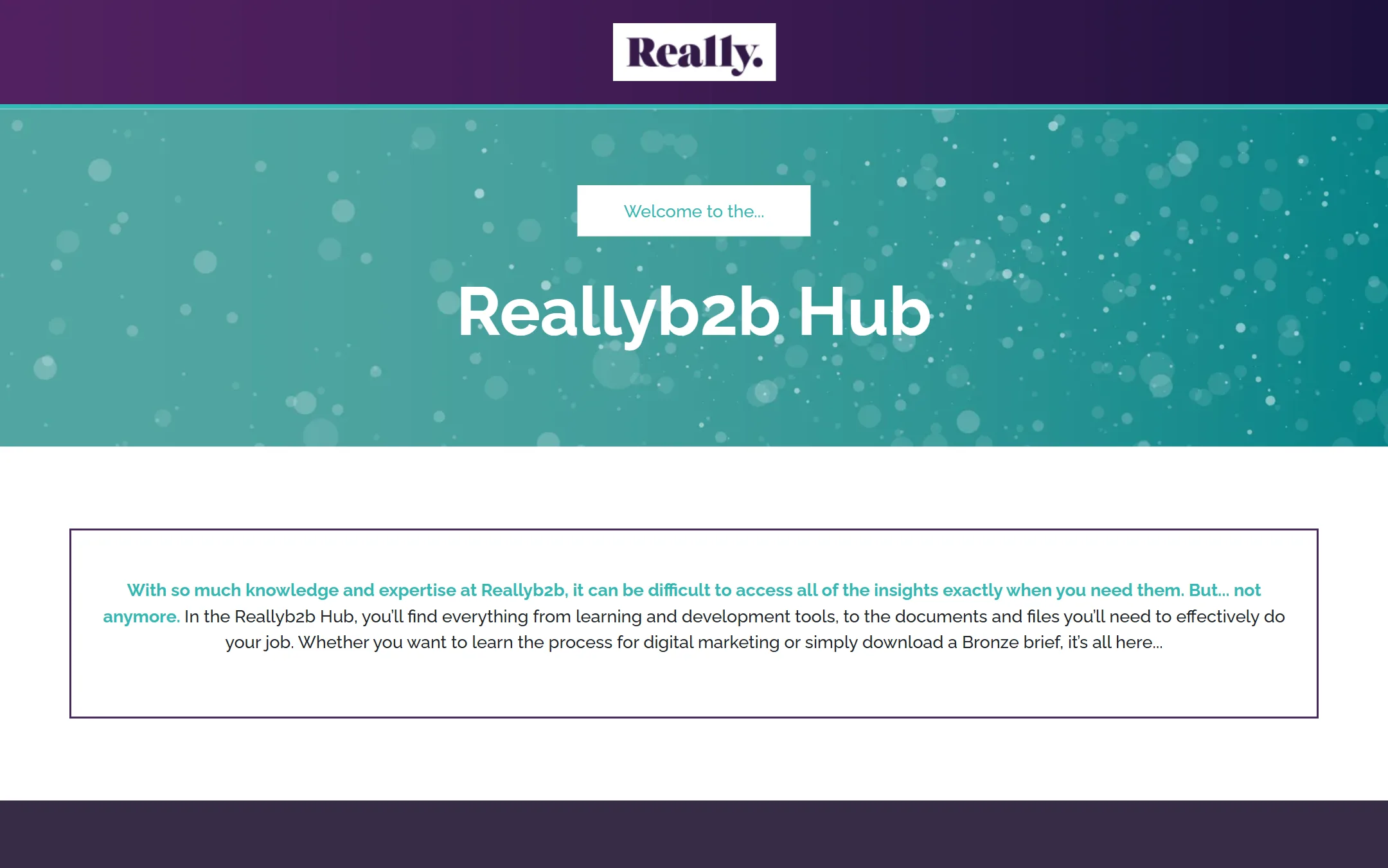 Reallyb2b Hub home: welcome banner and introduction to the internal resource hub