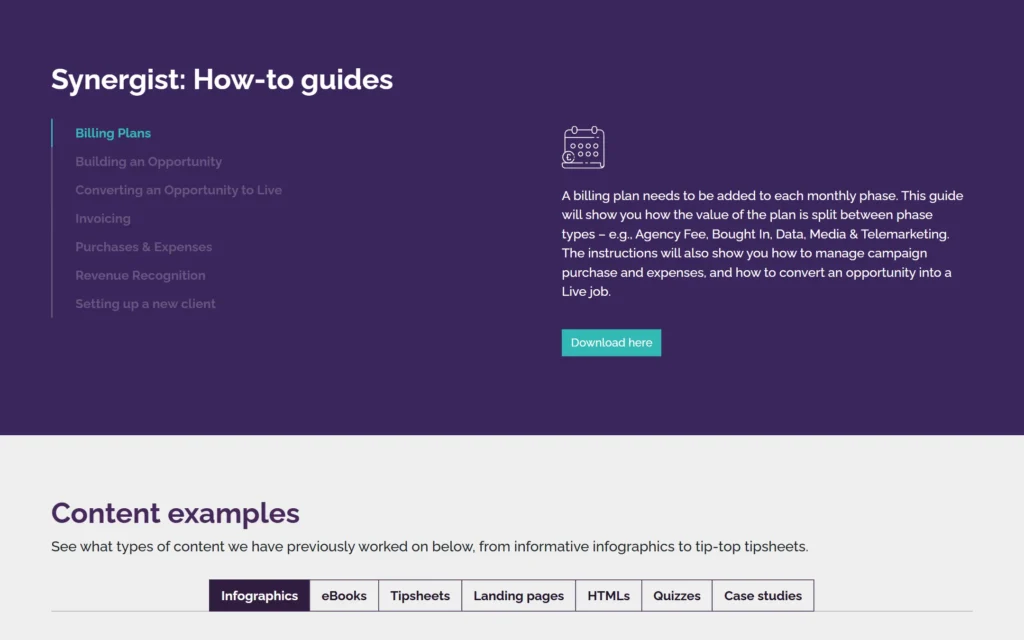 Reallyb2b Hub tabbed Synergist how-to guides for billing, opportunities and invoicing