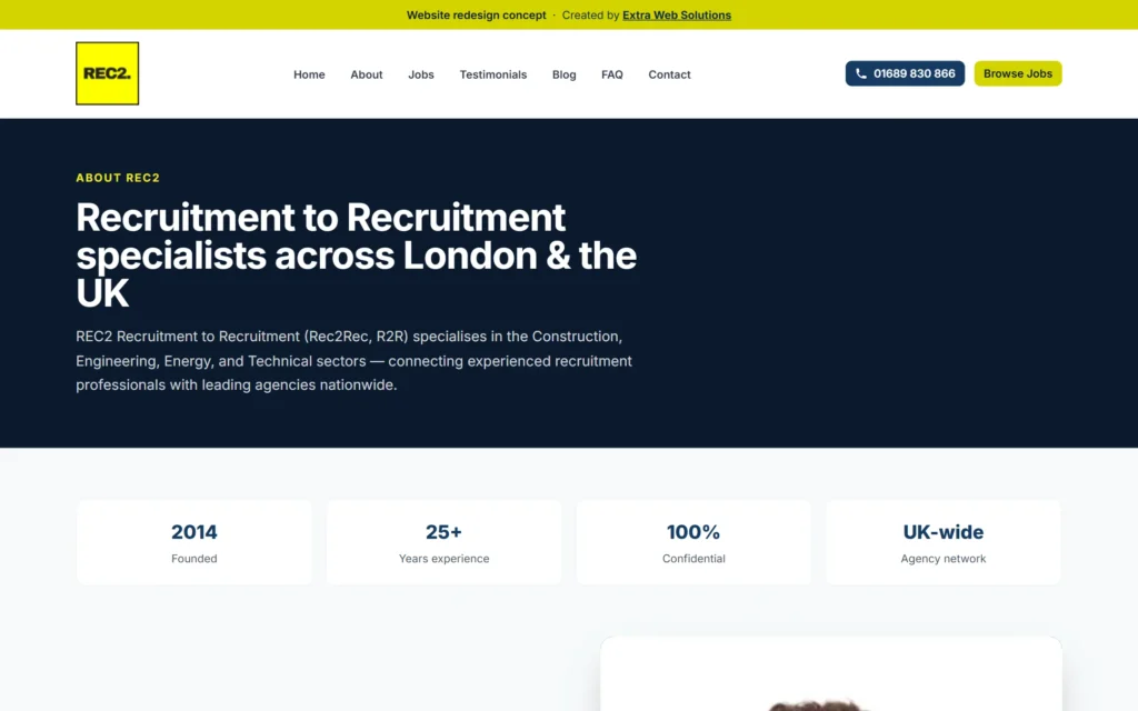 REC2 Recruitment redesign about page with key facts about the Rec2Rec agency