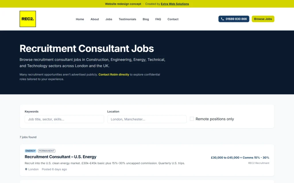 REC2 Recruitment redesign jobs board with keyword, location and remote filters