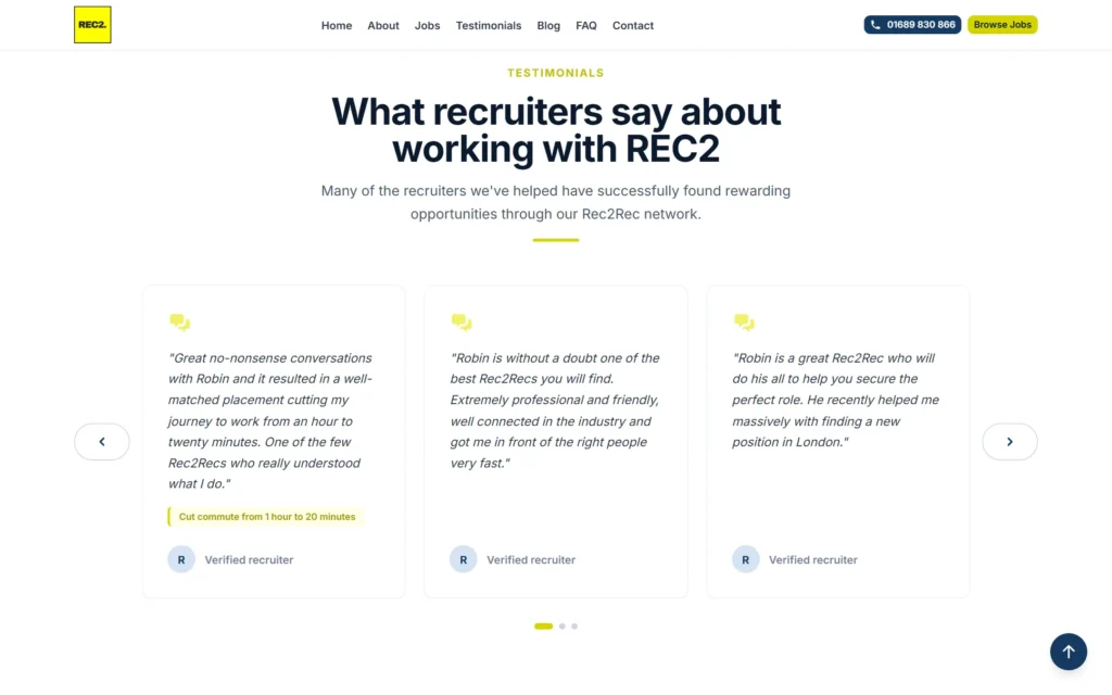 REC2 Recruitment redesign testimonial carousel with quotes from placed recruiters
