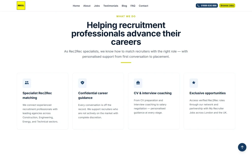 REC2 Recruitment redesign services section with Rec2Rec matching, career guidance, coaching and opportunities